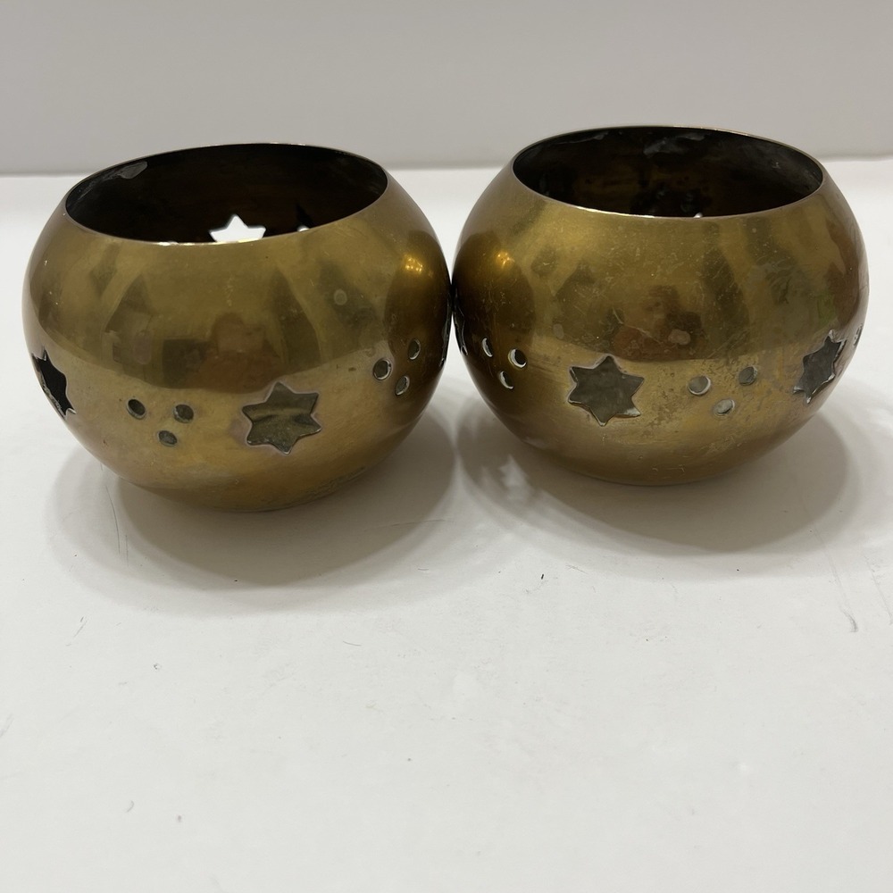 Vintage Brass Votive/Tea Light Holders Star Cut-Outs 3.5x2.5"Set Of 2 Patina